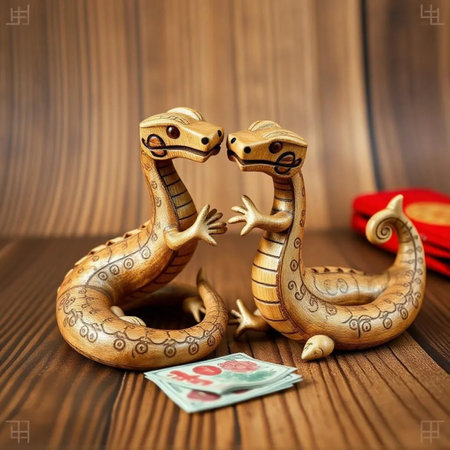 two wooden snakes Chinese new year holiday money love. High quality photoの写真素材