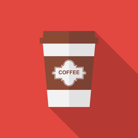 Disposable coffee cup icon with coffee beans with long shadow on red background.のイラスト素材