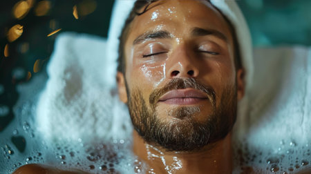 Close-up portrait of a young man taking a bath in a bathtubの素材