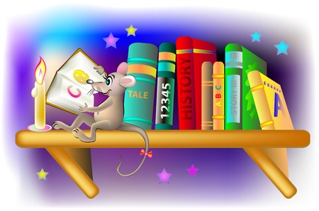 Illustration of happy mouse reading a book at night, vector cartoon image.のイラスト素材