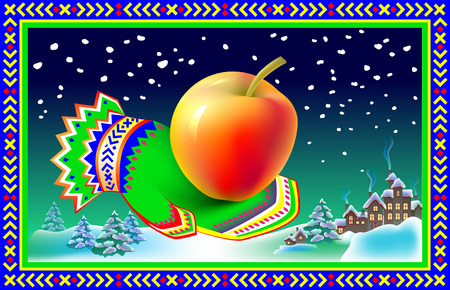 Winter greeting card with mitten and apple, cartoon image.のイラスト素材