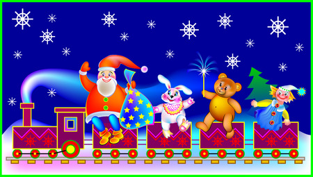 Christmas greeting card with Santa Claus and funny toys, cartoon image.のイラスト素材