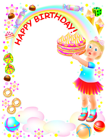 Birthday greeting card with little girl holding a cake. cartoon image.のイラスト素材