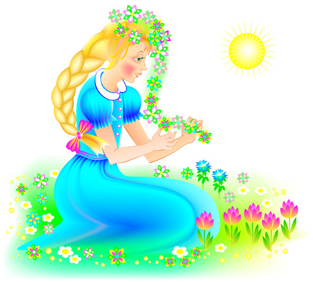 Illustration of beautiful girl weaving a wreath of flowers in the spring. Vector cartoon image.のイラスト素材