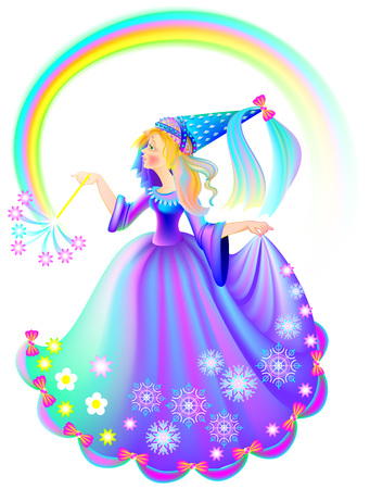 Illustration of beautiful medieval princess holding magic wand, vector cartoon image.のイラスト素材