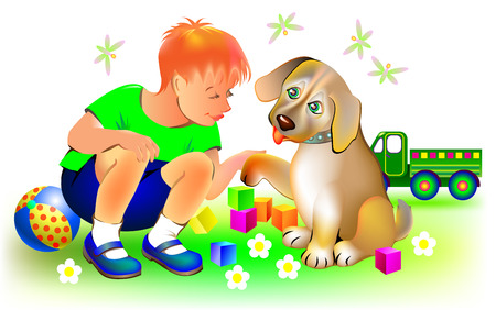 Puppy gives paw to the boy, vector cartoon image.のイラスト素材