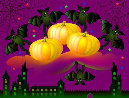 Greeting card with funny bats celebrating Halloween, vector cartoon image.のイラスト素材