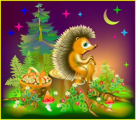 Illustration of hedgehog sitting on stump in a forest during the nighttime, vector cartoon image.のイラスト素材
