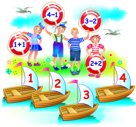 Educational page with exercises on addition and subtraction. Need to solve examples. On which boat will sail each child? Vector cartoon image.のイラスト素材