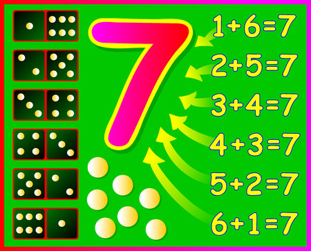 Educational page for children with compositions of number 7. Developing skills for counting. Vector image.のイラスト素材