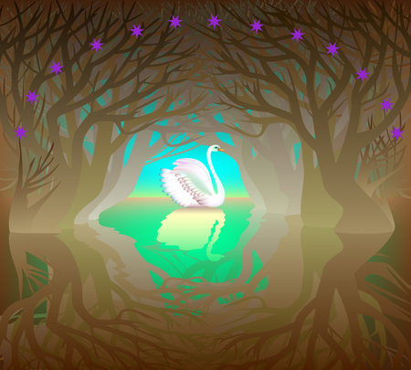 Illustration of a swan in the fairyland forest, vector cartoon image.のイラスト素材