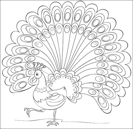 Page with black and white illustration of fantasy peacock for coloring. Developing children skills for drawing. Vector image.のイラスト素材