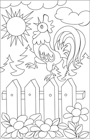 Page with black and white drawing of rooster for coloring. Developing children skills for drawing. Vector image.のイラスト素材