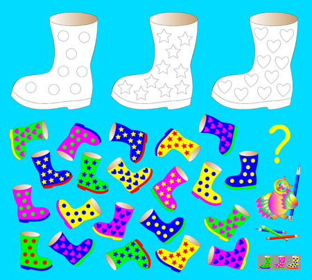 Coloring page with logic puzzle for children. Need to find three unpaired boots and paint black and white drawing in corresponding colors. Vector cartoon image.のイラスト素材