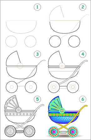 Page shows how to learn step by step to draw a baby carriage. Developing children skills for drawing and coloring. Vector image.のイラスト素材