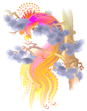 Illustration of fairytale peacock sitting on a branch of pine, vector cartoon image.のイラスト素材
