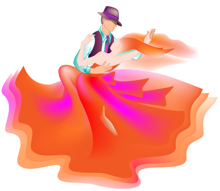 Illustration of man dancing the tango with a beautiful woman in a red dress.のイラスト素材