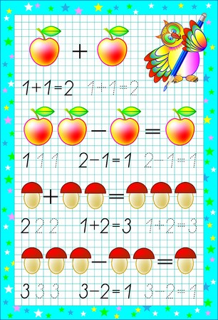 Page with exercises for children on a square paper. Developing skills for writing and counting. Vector image.のイラスト素材