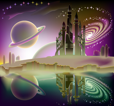 Illustration of fairyland space landscape with fantastic spaceship. Vector cartoon image.のイラスト素材