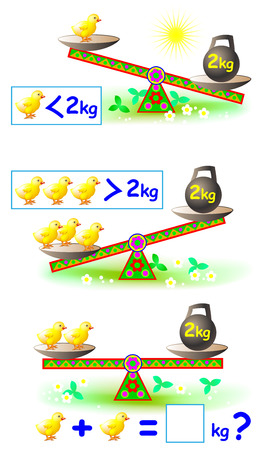 Page with mathematical exercises for young children. Worksheet for study object weight. Vector cartoon image.のイラスト素材