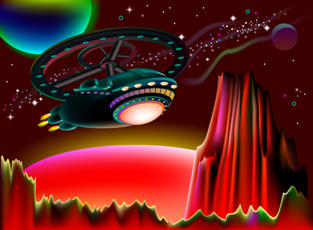 Illustration of flight to Mars on a fantastic spaceship. Vector cartoon image.のイラスト素材