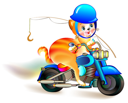 Illustration of funny kitten traveling on a motorbike, vector cartoon image.のイラスト素材