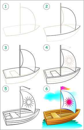 Page show how to learn step by step to draw a boat. Developing children's skills for drawing and coloring. Vector image.のイラスト素材