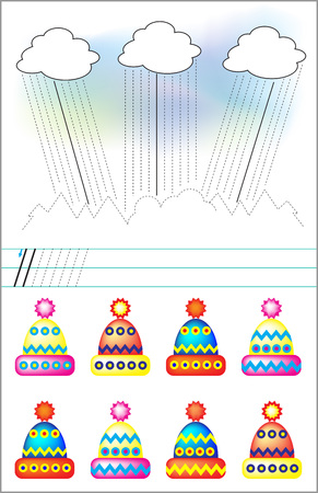 Page with exercises for children in line. Find the same caps and connect them by a straight line.のイラスト素材