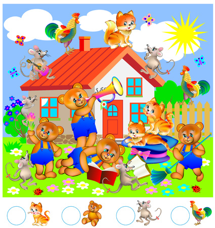 Educational page for young children. Need to count the animals and write the corresponding numbers in the circles.のイラスト素材