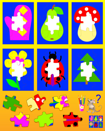 Logic puzzle for children. Need to find the appropriate details and to draw them in empty places. Vector cartoon image.のイラスト素材