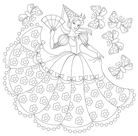 Black and white illustration of princess for coloring. Developing children skills for drawing. Vector image.のイラスト素材