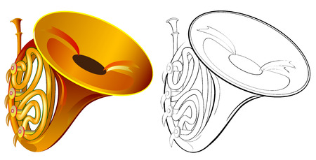 Colorful and black and white drawing of French horn. Worksheet for coloring.のイラスト素材