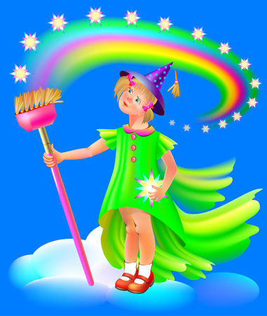 Illustration of small fairy holding broom, vector cartoon image.のイラスト素材