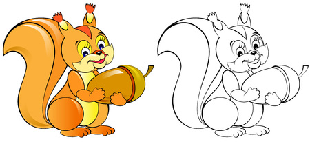 Colorful and black and white drawing of funny little squirrel. Worksheet for coloring.  Vector cartoon image.のイラスト素材