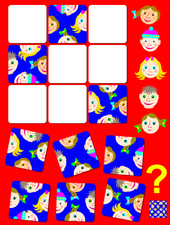 Logic puzzle game with funny faces. Need to find the correct place for each piece. Vector cartoon image.のイラスト素材