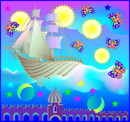 Fairyland fantasy ship in wonderland, vector cartoon image.のイラスト素材