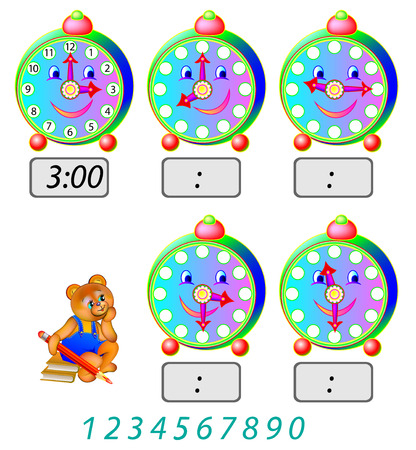 Exercise for young children. Need to write the numbers on the clock and time that show the arrows.のイラスト素材