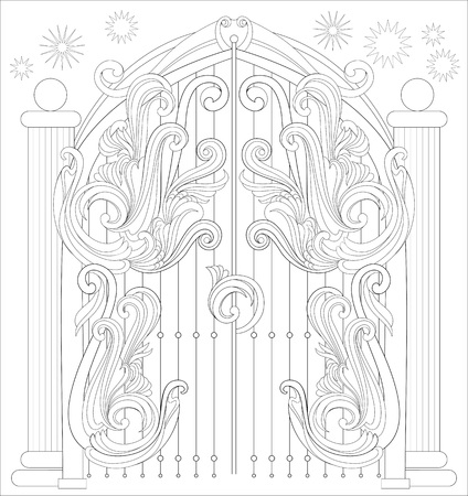 Black and white page for coloring. Fantastic drawing of gate from a fairy tale. Worksheet for children and adults vector image.のイラスト素材