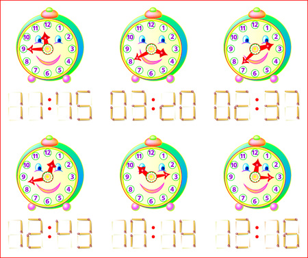 Logic puzzle game for little children. In each task add 1 matchstick to receive correct time.のイラスト素材