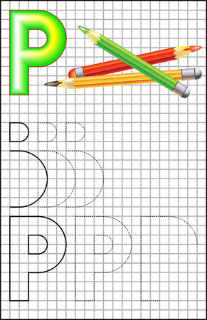 Educational page with letter P on a square paper. Developing skills for writing and drawing.のイラスト素材