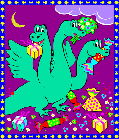 Greeting card with Hydra holding presents, vector cartoon image.のイラスト素材