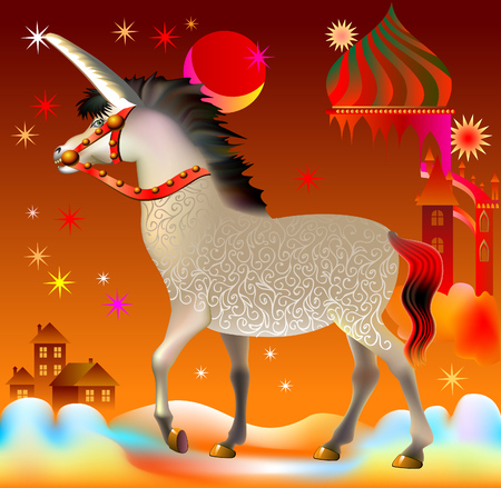 Illustration of unicorn in fantasy fairyland, vector cartoon image.のイラスト素材
