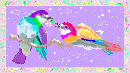 Greeting card with two happy birds, vector cartoon image.のイラスト素材