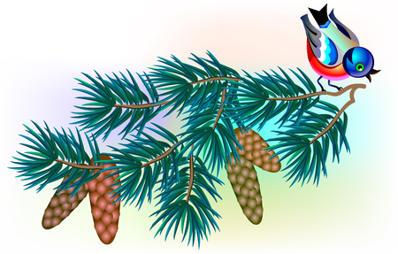 Illustration of fairyland little bird sitting on a branch of pine vector cartoon image.のイラスト素材