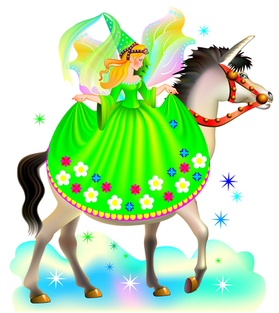 Illustration of fairy riding on unicorn, vector cartoon image.のイラスト素材