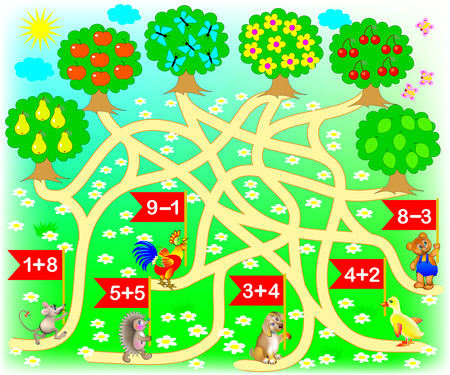 Educational page with exercises for children on addition and subtraction.  Solve examples and draw the way from each animal till correct tree. Vector image.のイラスト素材