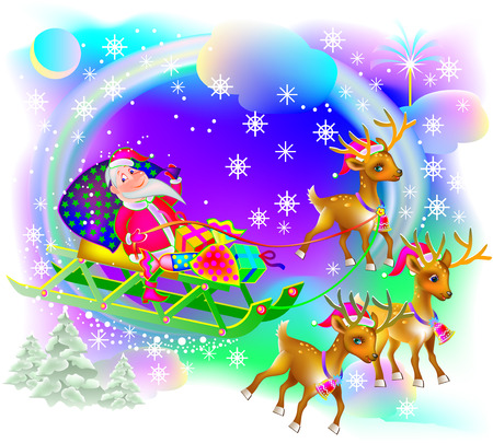 Christmas greeting card with funny Santa Claus and deer, vector cartoon image.のイラスト素材