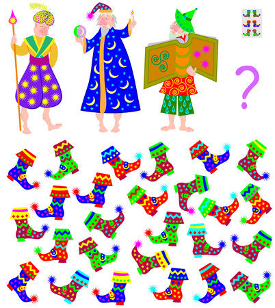 Logic puzzle game. Need to find three pairs of boots for wizards with absolutely identical pattern. Vector cartoon image.のイラスト素材