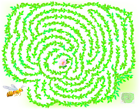 Logic puzzle game with labyrinth for children and adults. Help the bee find the way till the flower. Vector image.のイラスト素材