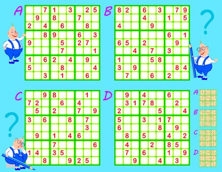 Logic Sudoku game. Set of puzzles. Worksheet for children and adults. Vector image.のイラスト素材